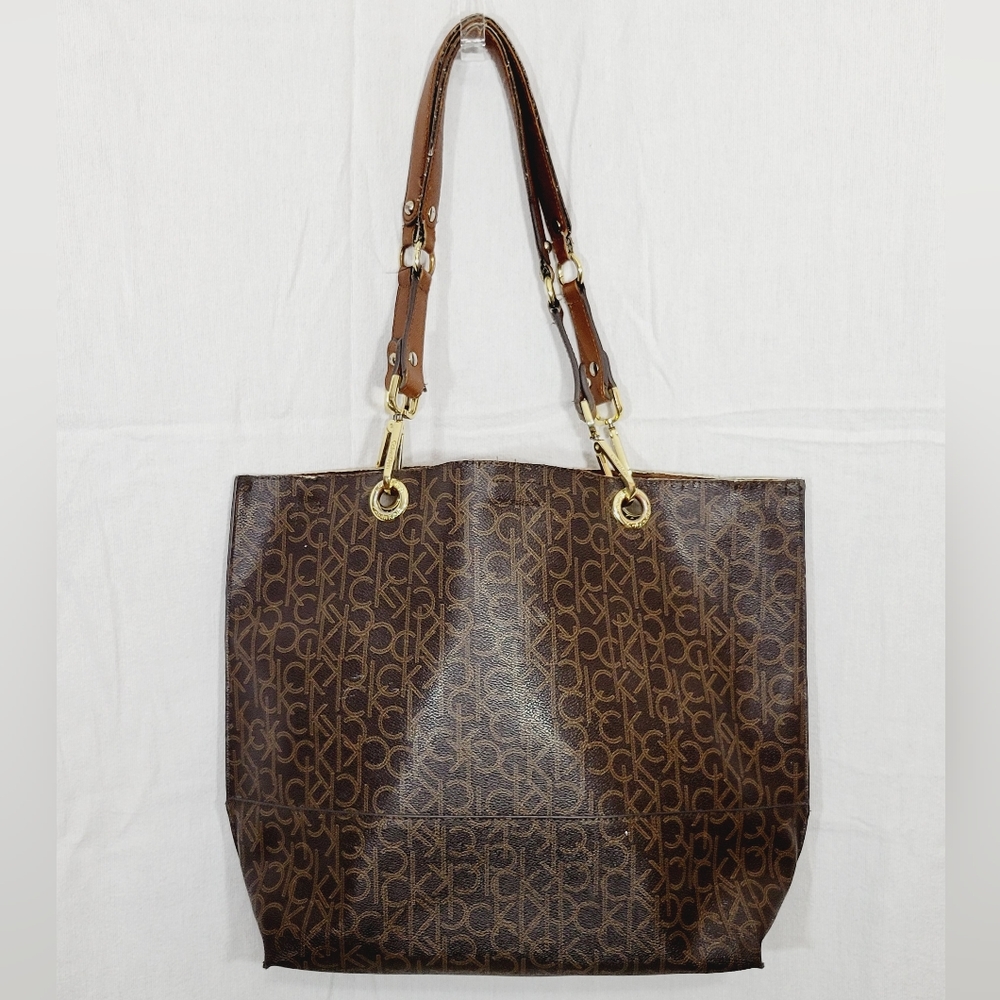 Calvin Klein Women's Monogram Satchel Tote Brown Gold